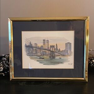 Vintage Mostoff Watercolor Print NYC Skyline with Twin Towers in 8x10 Gold Frame